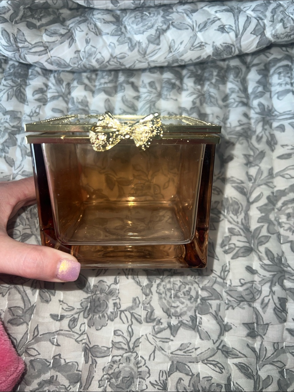 Glass Jewelry Trinket Box with Gold Bow Lid